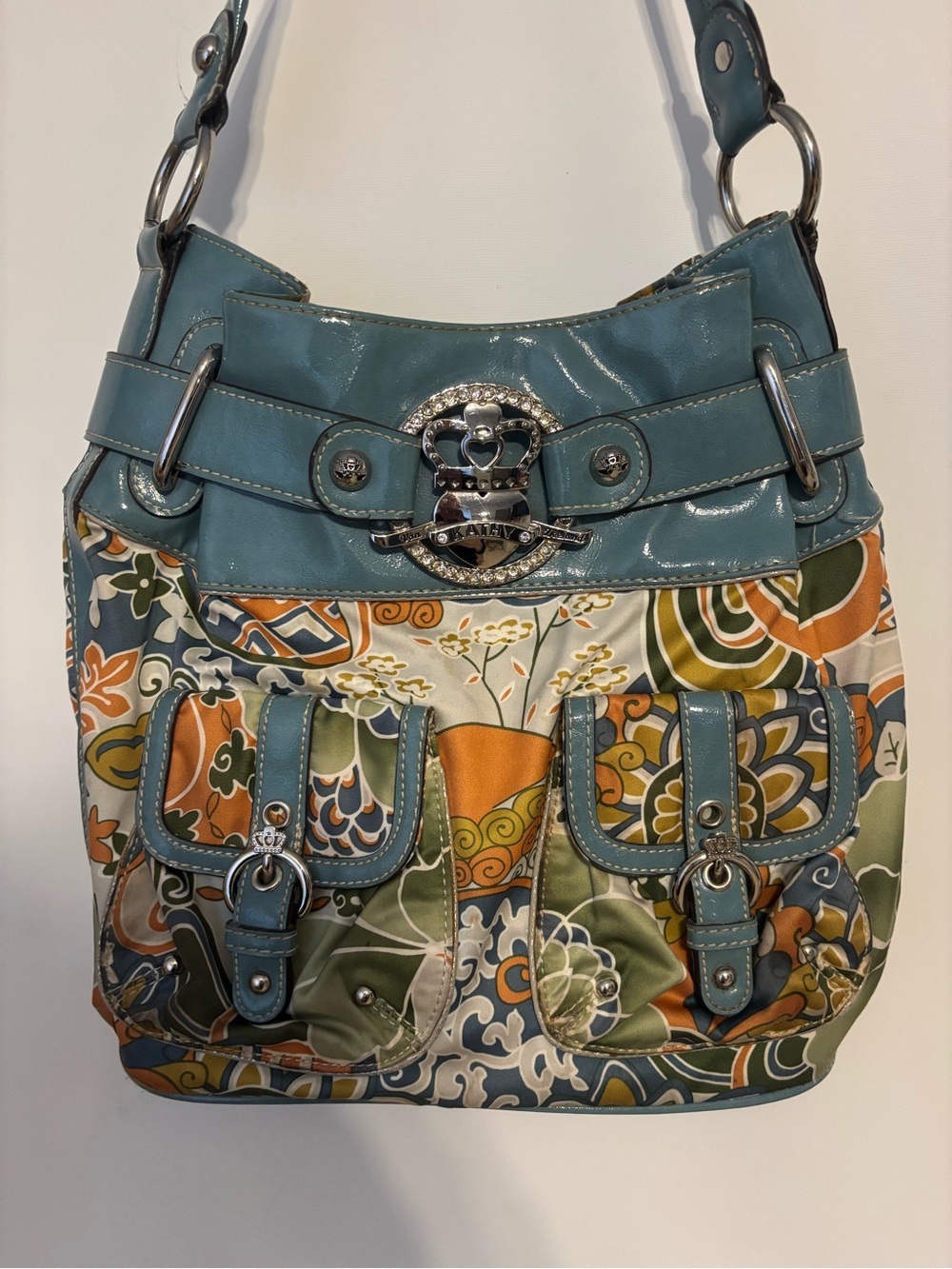Kathy Van Zeeland Teal Multi Floral Quilted Shoulder Bag with Buckle Pockets